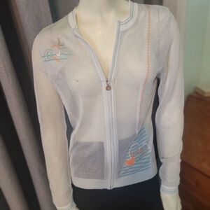 Y2K Open mesh metallic embroidered‎ zip up womens Sweater S/M